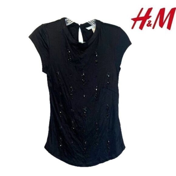 H&M Embellished‎ Mock Neck Cap-sleeved Tee-shirt Women's Top - Picture 1 of 7